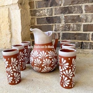 Handmade Mexican Pitcher / Talavera Inspired Design / Ceramic Pitcher and Mugs/ Jarras con jarritos de Ceramica