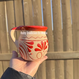 Jarritos de arcilla Rojo y Rosa | Tazas Mexicanas de Ceramica | Mexican Cups | Clay Mexican Cups | Floral Cups | Hand-Painted Clay Mugs|