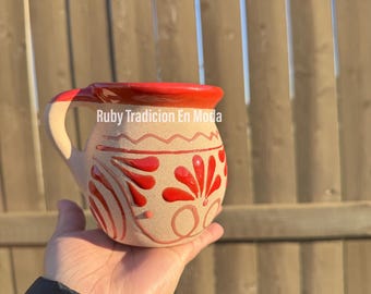 Jarritos de arcilla Rojo y Rosa / Tazas Mexicanas de Ceramica / Mexican Cups / Clay Mexican Cups / Floral Cups / Hand-Painted Clay Mugs/
