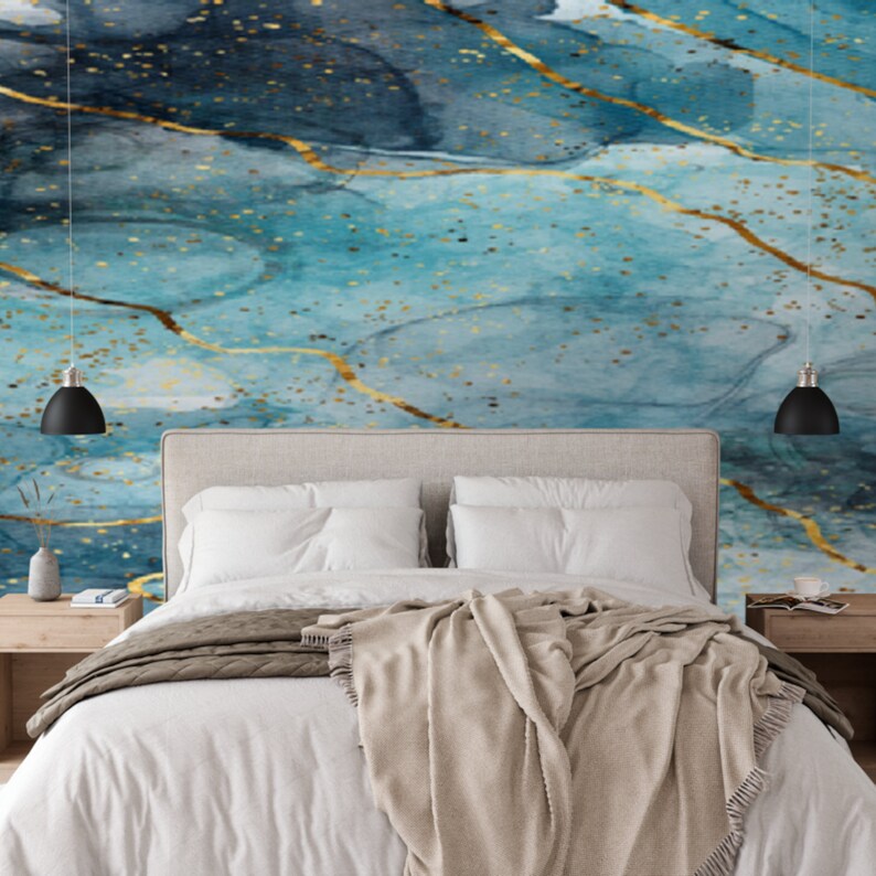 Gold and Blue Marble Wallpaper Paste the Wall Silk Paste Etsy