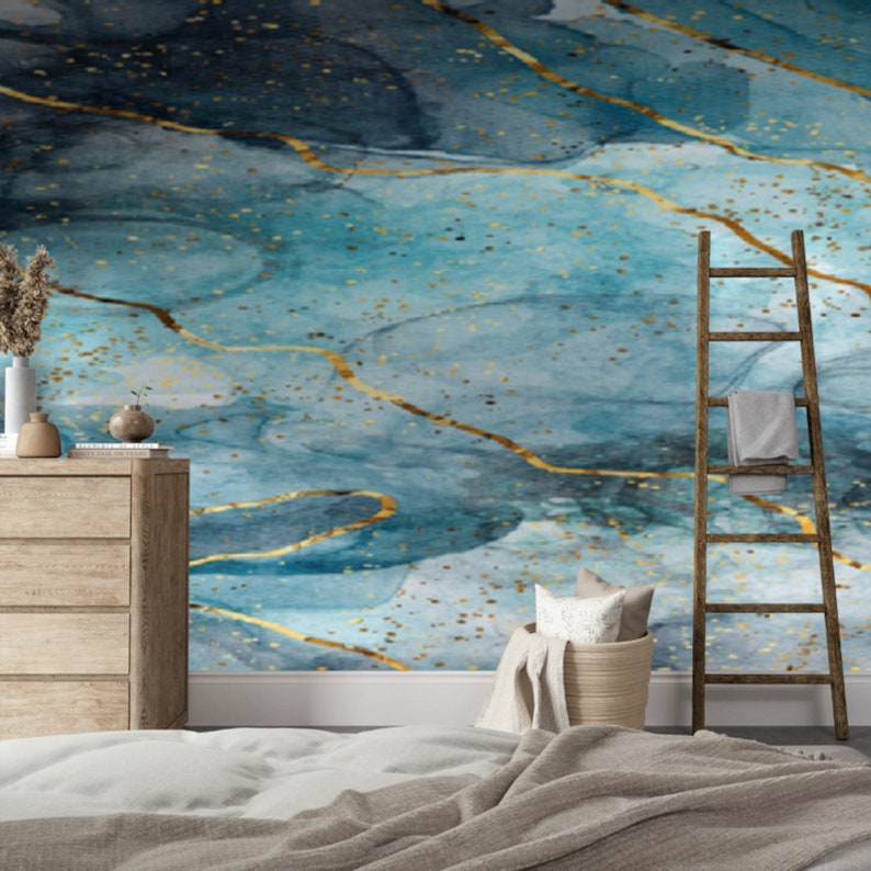 Gold and Blue Marble Wallpaper Paste the Wall Silk Paste Etsy