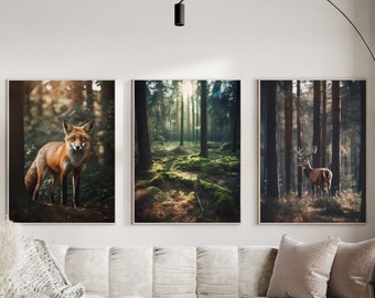 May include: Set of three framed art prints featuring forest scenes. One print shows a fox in a forest, another a sunlit forest path, and the third a deer in a forest. The prints have a natural, earthy color palette.