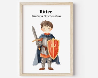 Ritter Poster Personalisierbar mit Namen Poster Wohnung Geschenk Kindergeburtstag Poster für Kinderzimmer Poster Ritter Watercolor