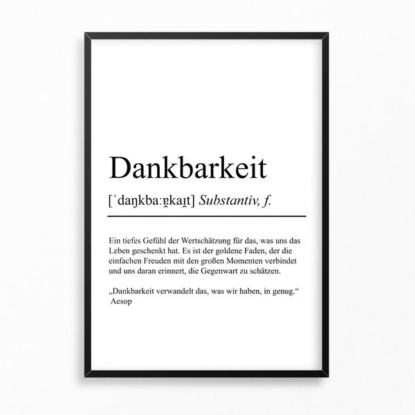 Dankbarkeit Definition Poster Emotion Wanddeko Geschenk für Sie Umzug Spirituelles Poster für Zuhause Spruchposter ausdruckbar