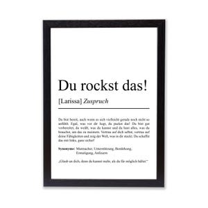 Könnte beinhalten: Ein gerahmter Druck mit dem deutschen Text "Du rockst das!", was "Du schaffst das!" bedeutet. Der Druck enthält eine motivierende Botschaft und Synonyme. Der Rahmen ist schwarz.