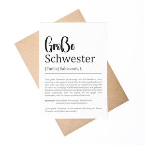 Große Schwester Definition A6 Karte personalisierbar mit Namen Schwester Grußkarte Geschenk für Schwester Klappkarte Definition Geschwister