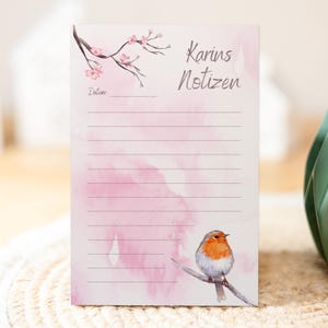 Notizblock Rotkehlchen Vogel Design, 10x15 cm, 50 Blatt mit Leimbindung, personalisierbar mit Namen, Handmade