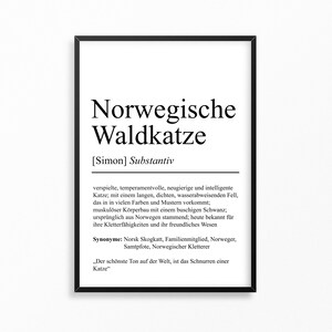 Norwegische Waldkatze Definition Poster personalisierbar mit Name Katze Rasse Poster Geschenk Katzenbesitzer Einzug Geburtstag Geschenk