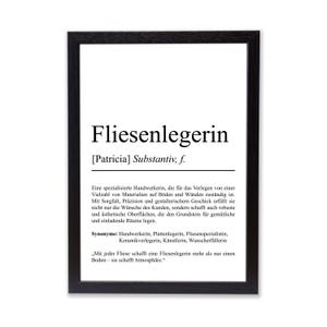 Könnte beinhalten: Ein gerahmter Druck mit dem deutschen Wort "Fliesenlegerin" in großer schwarzer Schrift. Darunter definieren kleinere Texte das Wort und seine Synonyme. Der Rahmen ist schwarz, der Hintergrund weiß.