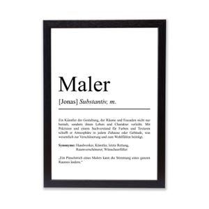 Könnte beinhalten: Ein schwarz-weißer druckbarer Kunstdruck mit dem Wort "Maler" in fetter, großer Schrift. Die Definition des Wortes "Maler" wird in Deutsch gegeben, was im Englischen "Maler" bedeutet. Die Definition beschreibt einen Maler als einen Künstler, der Räumen durch seine Verwendung von Farbe und Textur Leben und Charakter verleiht.