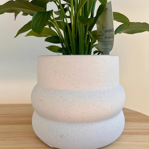 Può includere: Un vaso di ceramica bianca, strutturato, con un design arrotondato unico. Il vaso contiene una pianta verde lussureggiante con grandi foglie. Il vaso è posto su una superficie di legno chiaro, creando un'estetica naturale e moderna.