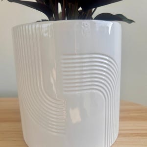 May include: A white ceramic plant pot with a glossy finish. The pot has a vertical ribbed design on the left and a curved, horizontal ribbed design on the right. Dark green and burgundy plant leaves are visible at the top.
