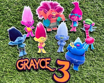 Adornos para cupcakes de cumpleaños inspirados en los fans de Trolls, centros de mesa para fiestas