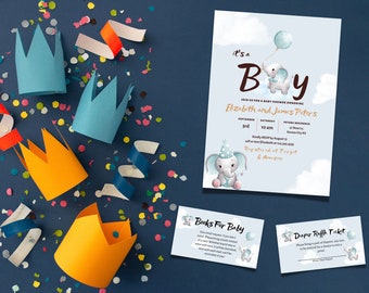 Elephant Baby Shower Invitation, Editable Elephant Baby Shower, Balloons Baby Shower, Baby Shower Invitation, Baby Boy Baby Shower