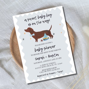 Boy Baby Shower Invitation Set Template - Weiner Dog Baby Shower Invite, Watercolor Baby Shower Invite, Printable Template, Instant Download