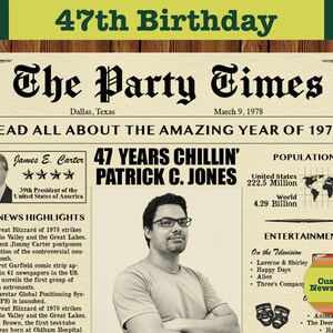 47th Birthday, Custom Newspaper for 47th Birthday, Birthday Newspaper Poster, 1978 Birthday, Gift for Men or Women, 1978 News Highlights