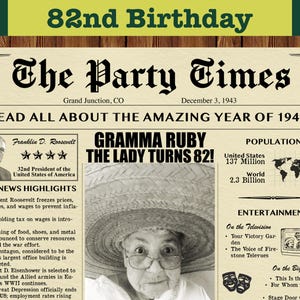 82nd Birthday, Custom Newspaper for 82nd Birthday, Birthday Newspaper Poster, 1943 Birthday, Gift for Men or Women, 1943 News Highlights