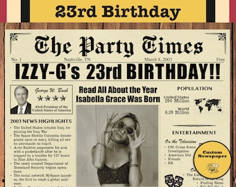 Póster de periódico para el 23 cumpleaños, nacido en 2003, regalo personalizado, descarga digital.