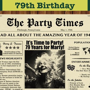 79th Birthday Gift, Custom Newspaper for 79th Birthday, Birthday Newspaper Poster, 1946 Birthday, Fake Newspaper 1946, 1946 News Highlights