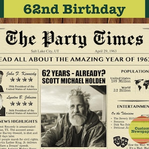 62nd Birthday, Custom Newspaper for 62nd Birthday, Birthday Newspaper Poster, 1963 Birthday, Gift for Men or Women, 1963 News Highlights