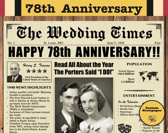 Pôster de jornal do 78º aniversário, presente de casamento de 1948, download digital personalizado