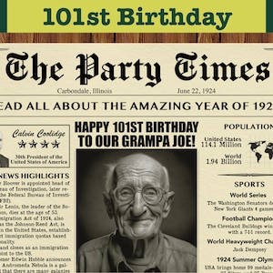 101st Birthday, Custom Newspaper for 101st Birthday, Birthday Newspaper Poster, 1924 Birthday, Gift for Men or Women, 1924 News Highlights