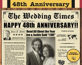 Pôster de jornal do 48º aniversário, presente de casamento de 1978, download digital personalizado