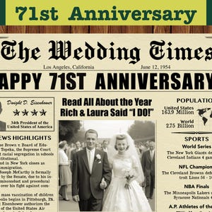 1954 Anniversary, 71st Anniversary Custom Newspaper, 71st Anniversary, 1954 Anniversary Poster, 1954 News Highlights, Last Minute Gift