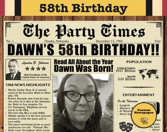 58th Birthday Newspaper Poster, Born in 1968, Personalized Gift, Digital Download