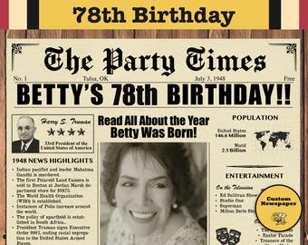 78th Birthday Newspaper Poster, Born in 1948, Personalized Gift, Digital Download