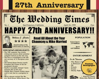 27th Anniversary Newspaper Poster, 1999 Wedding Gift, Personalized Digital Download