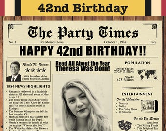 42nd Birthday Newspaper Poster, Born in 1984, Personalized Gift, Digital Download
