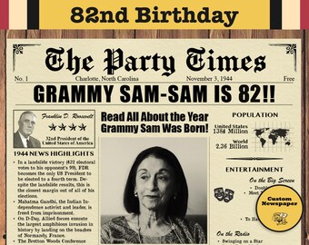 82nd Birthday Newspaper Poster, Born in 1944, Personalized Gift, Digital Download