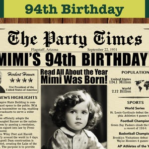 94th Birthday Custom Newspaper, 94th Birthday, 1931 Birthday Poster, 1931 Birthday, Printable, Last Minute Gift, 1931 News Highlights