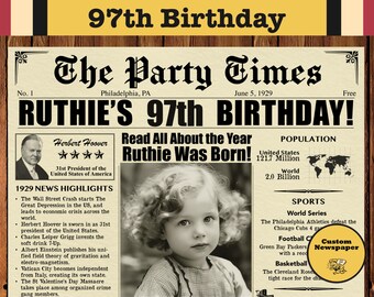 97th Birthday Newspaper Poster, Born in 1929, Personalized Gift, Digital Download