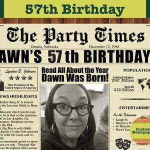 Custom Newspaper for 57th Birthday, 57th Birthday, 1968 Birthday Poster, 1968 Birthday, Gift for Men or Women, 1968 News Highlights