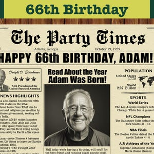 66th Birthday Custom Newspaper, 66th Birthday, 1959 Birthday Poster, 1959 Birthday, Printable, Last Minute Gift, 1959 News Highlights