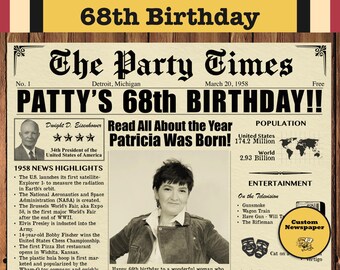 68th Birthday Newspaper Poster, Born in 1958, Personalized Gift, Digital Download