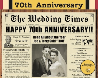 70th Anniversary Newspaper Poster, 1956 Wedding Gift, Personalized Digital Download