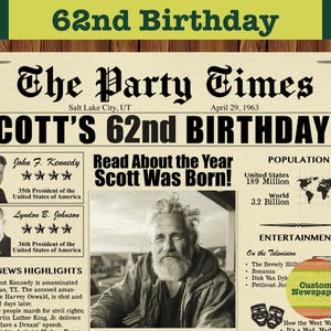 Custom Newspaper for 62nd Birthday, 62nd Birthday, 1963 Birthday Poster, 1963 Birthday, Gift for Men or Women, 1963 News Highlights