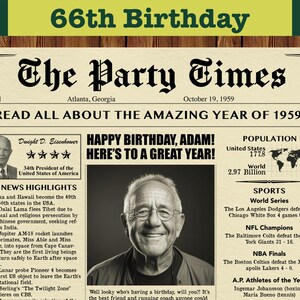 66th Birthday, 1959 Birthday, Custom Newspaper for 66th Birthday, Personalized  Newspaper Poster, Download and Print, 1959 News Highlights