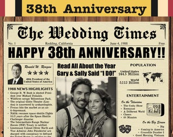 Pôster de jornal do 38º aniversário, presente de casamento de 1988, download digital personalizado