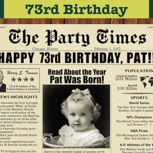 73rd Birthday Custom Newspaper, 73rd Birthday, 1952 Birthday Poster, 1952 Birthday, Printable, Last Minute Gift, 1952 News Highlights