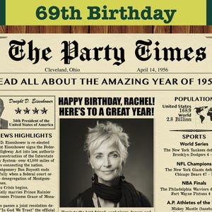 69th Birthday, 1956 Birthday, Custom Newspaper for 69th Birthday, Personalized  Newspaper Poster, Download and Print, 1956 News Highlights