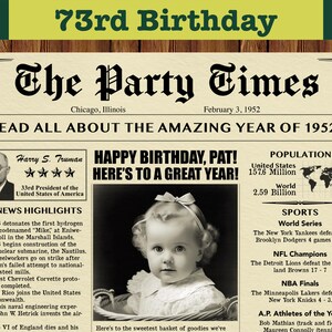 73rd Birthday, Custom Newspaper for 73rd Birthday, Birthday Newspaper Poster, 1952 Birthday, Gift for Men or Women, 1952 News Highlights
