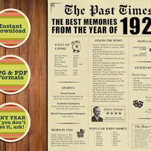 Back in 1926, 99th Birthday, 99 Years Ago, Fake Newspaper 1926, 99th Birthday Poster, Instant Download, Born in 1926, Printable Gift 99th