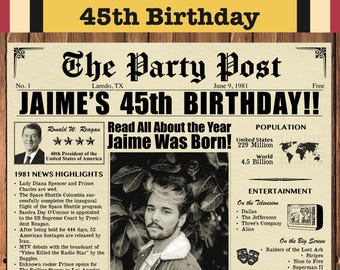 Zeitungsposter zum 45. Geburtstag, geboren 1981, personalisiertes Geschenk, digitaler Download