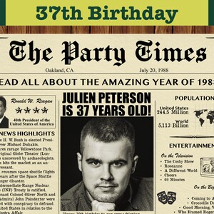 37th Birthday, Custom Newspaper for 37th Birthday, Birthday Newspaper Poster, 1988 Birthday, Gift for Men or Women, 1988 News Highlights