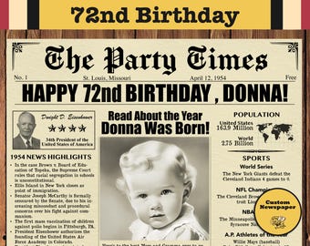 Póster de periódico para el 72º cumpleaños, nacido en 1954, regalo personalizado, descarga digital.