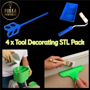 Puede incluir: Un conjunto de herramientas de decoración, que incluye un mezclador de pintura azul, una bandeja de pintura azul, un rodillo de pintura pequeño, un cubo de pintura verde, un pincel y una rasqueta verde. Se muestra el texto "4 x Tool Decorating STL Pack".